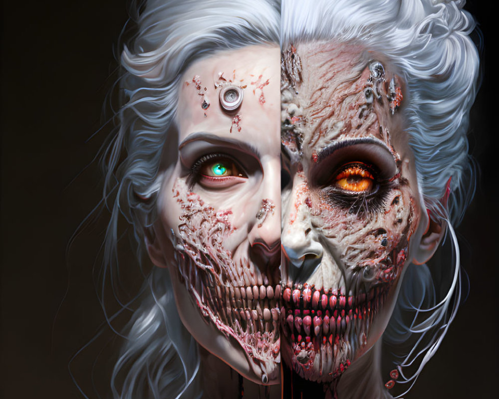 Split-Face Portrait: Flawless Skin vs. Undead Visage