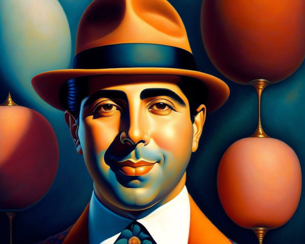 Stylized portrait of a man in orange suit with hat in surreal setting