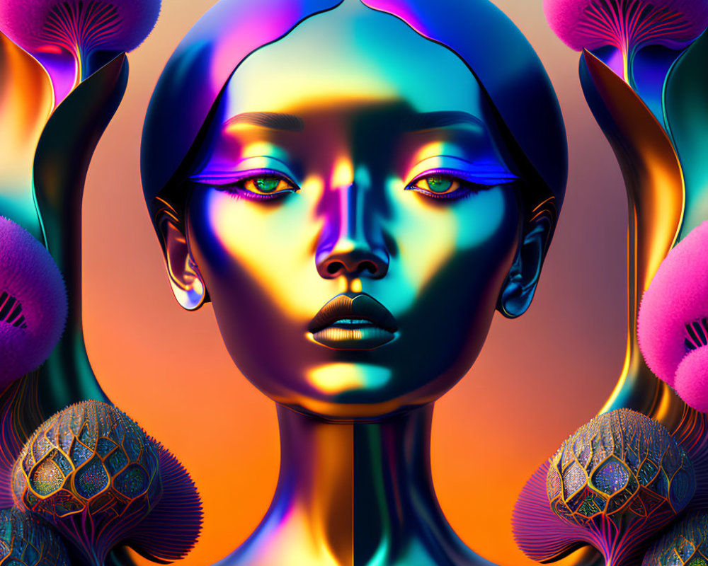 Vibrant digital artwork: symmetrical female face, neon lighting, surreal trees.