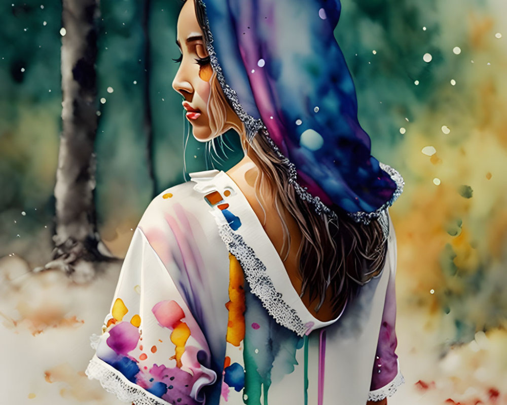 Colorful woman with shawl and headscarf in autumn setting