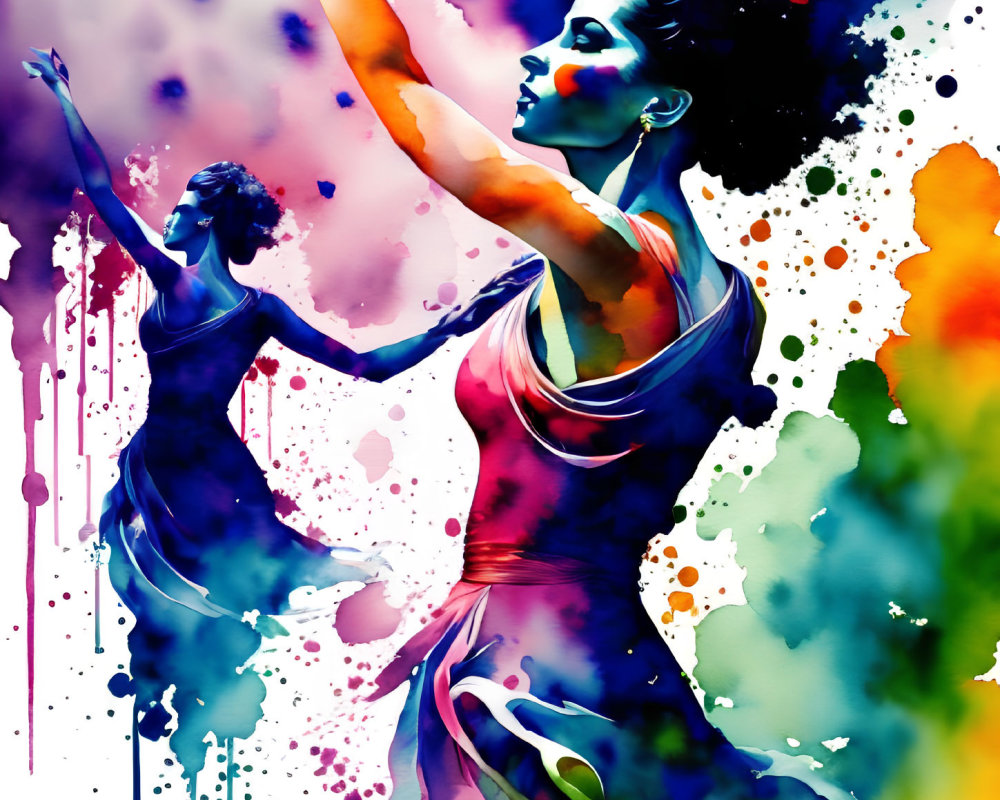 Colorful watercolor painting of a dancing woman in graceful pose