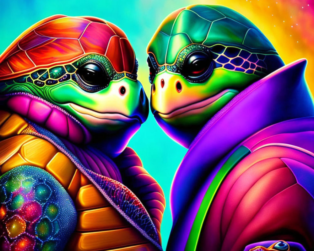 Colorful Stylized Turtles on Psychedelic Background