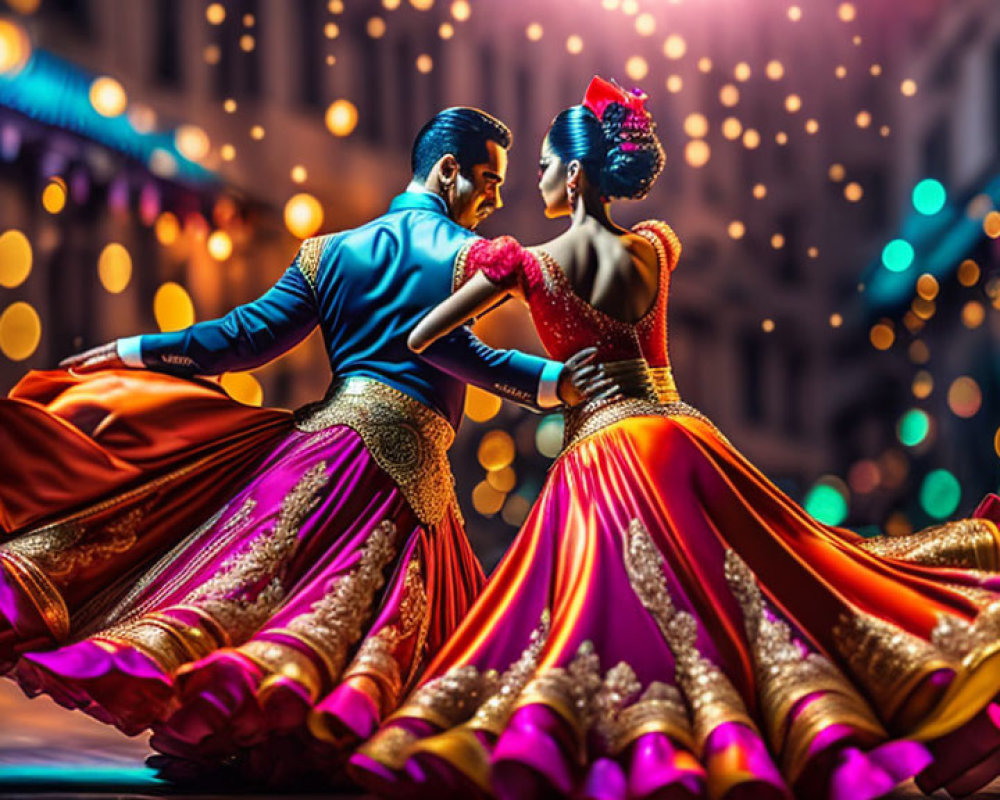 Traditional attire dancers twirl against bokeh backdrop