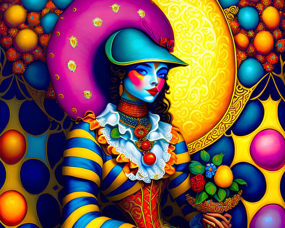 Colorful digital artwork of woman with blue skin and bouquet