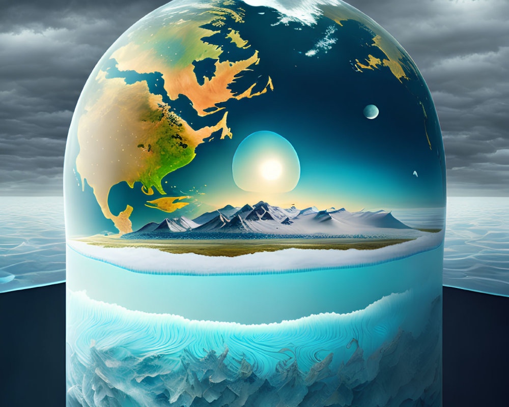 Surreal layered Earth sphere with continents, mountains, and ocean under dramatic sky