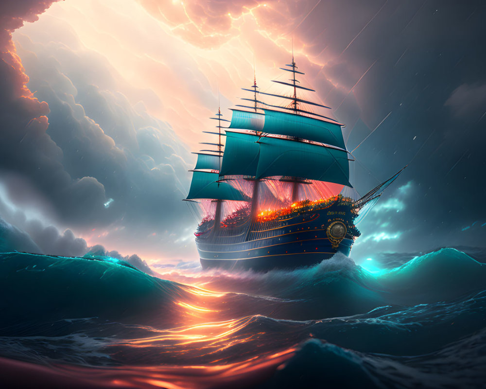 Majestic ship with illuminated sails on stormy sea under orange sky