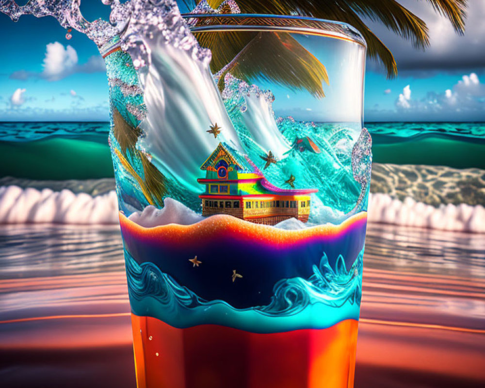 Colorful Cocktail with Ocean Scene: Waves, Beach House, and Dolphins