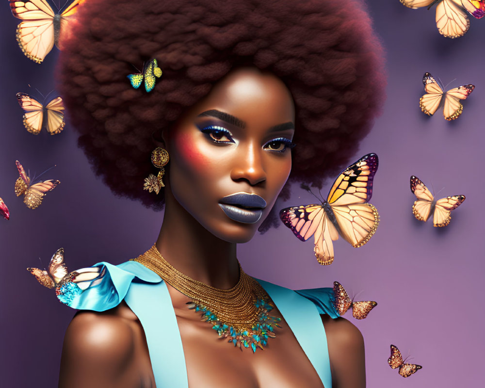 Voluminous Afro Woman with Colorful Butterflies on Purple Background