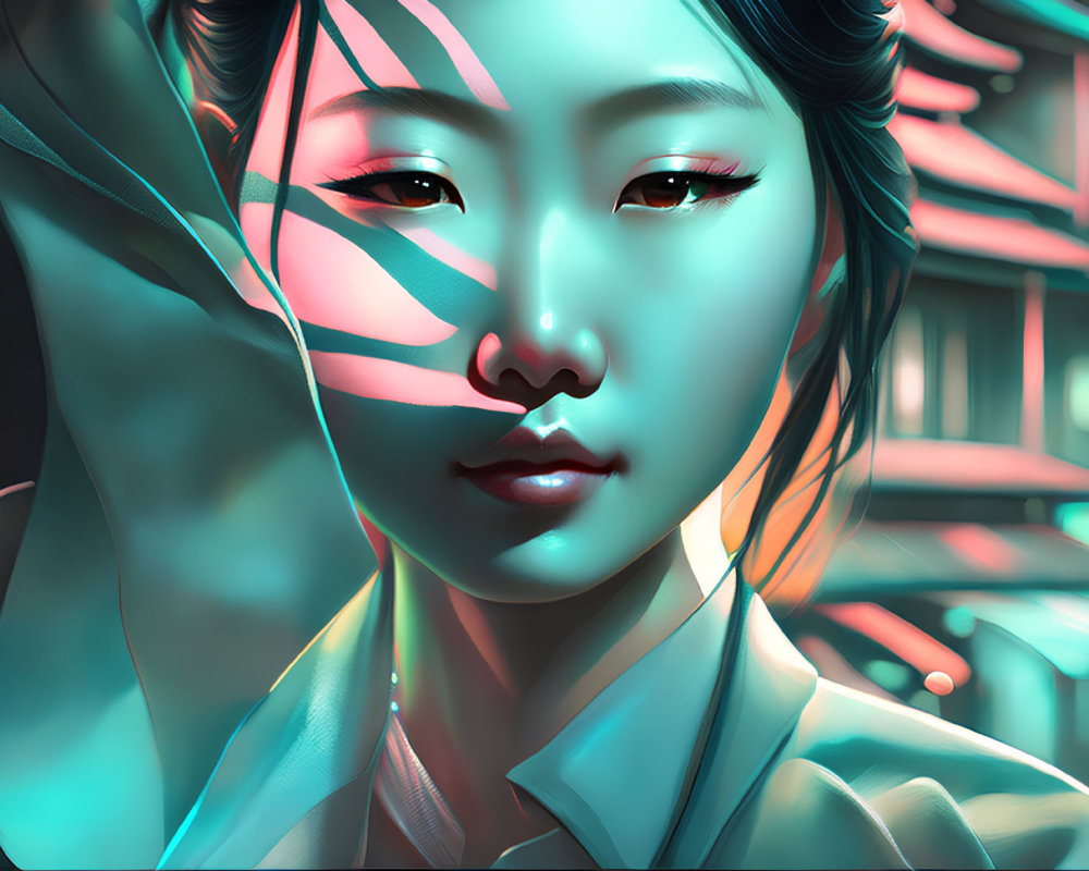 Futuristic digital artwork of woman with cyan neon lighting in cyberpunk setting