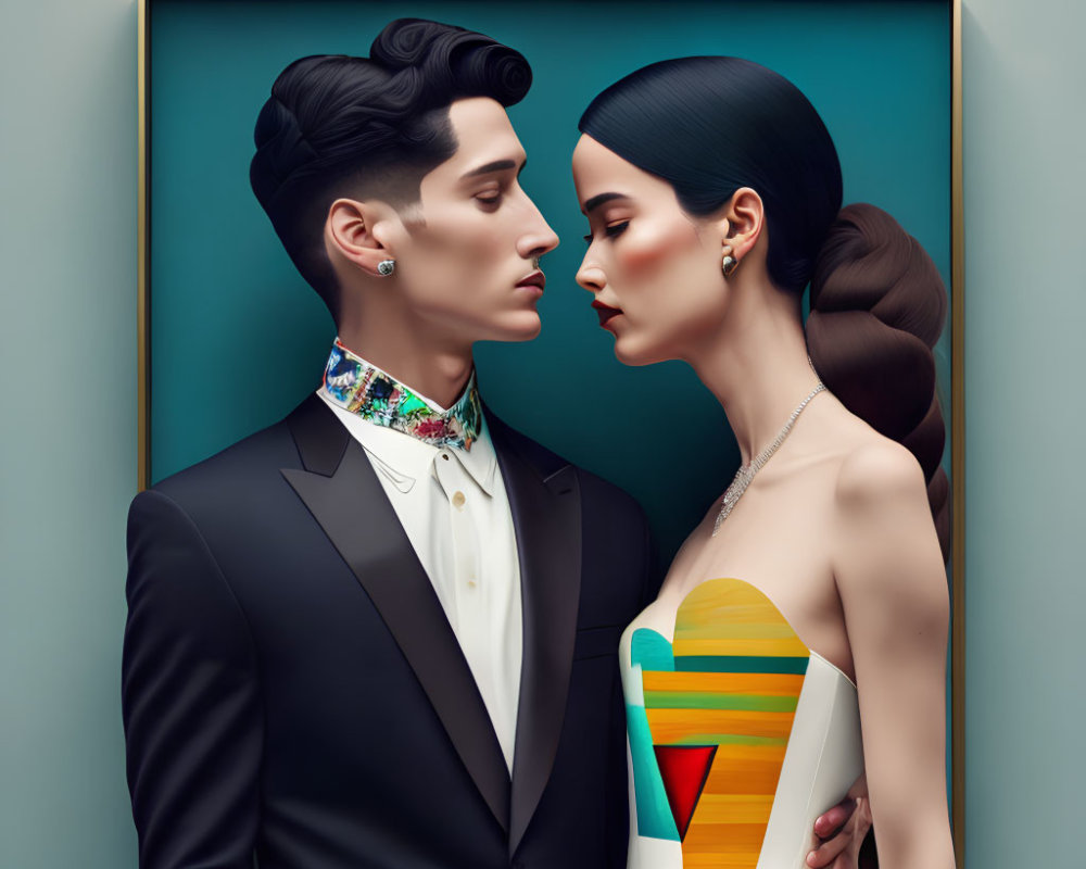 Stylized portrait of man and woman in formal wear with sleek hairstyles on teal background