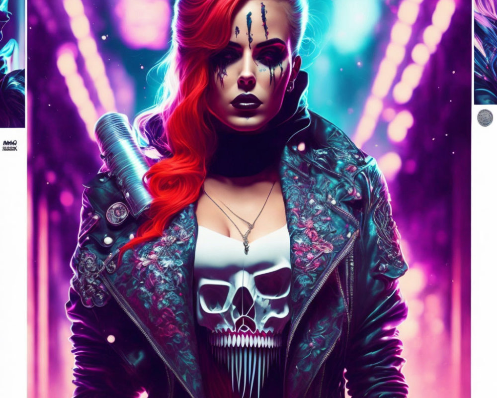 Stylized cyberpunk artwork of a woman with red hair and skull necklace