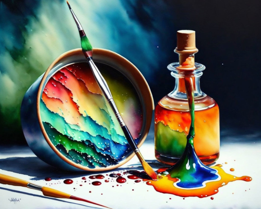 Colorful painting of paintbrush, ink bottle, and palette with blended colors on moody background