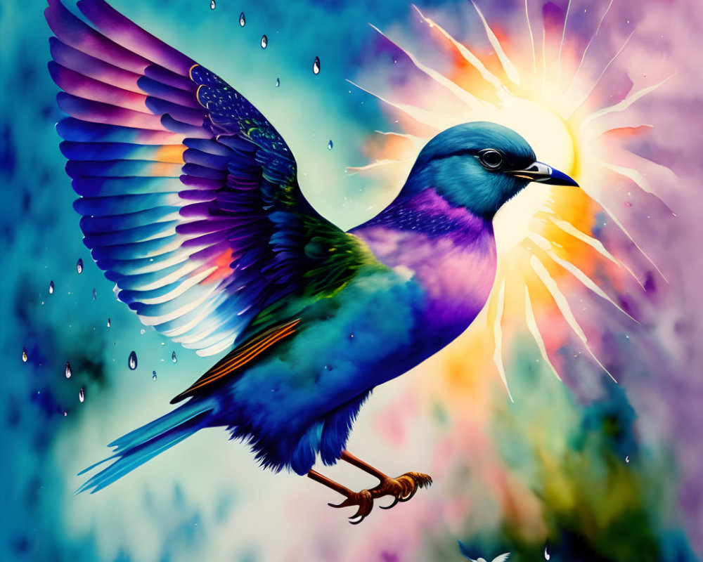 Colorful Bird Illustration Soaring in Radiant Background