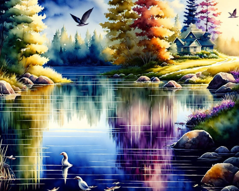 Tranquil autumn landscape with lake, ducks, cottage, and birds