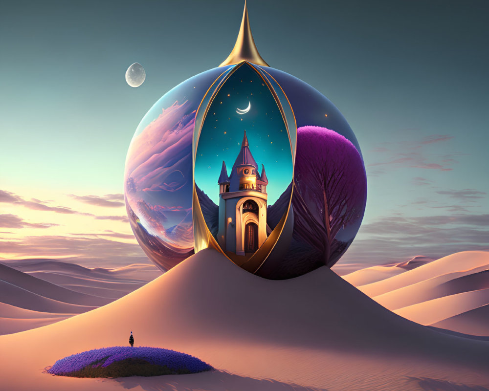 Surreal landscape featuring glossy orb, castle, tree, and moonlit sky