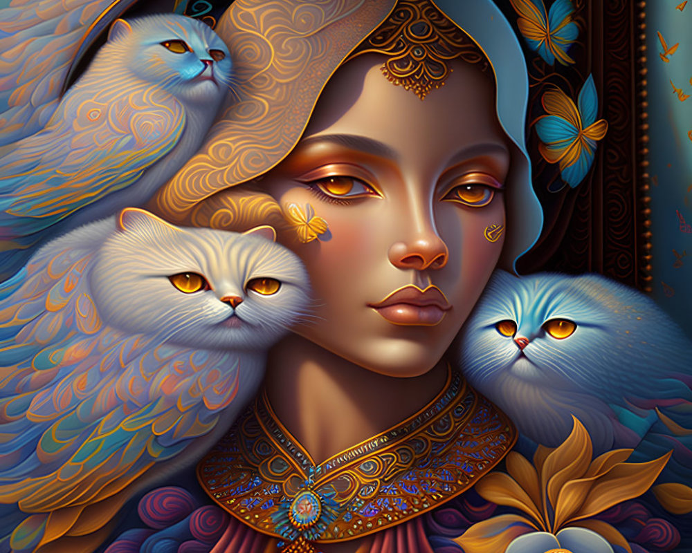 Stylized portrait of a woman with warm tones and cats, adorned with butterflies