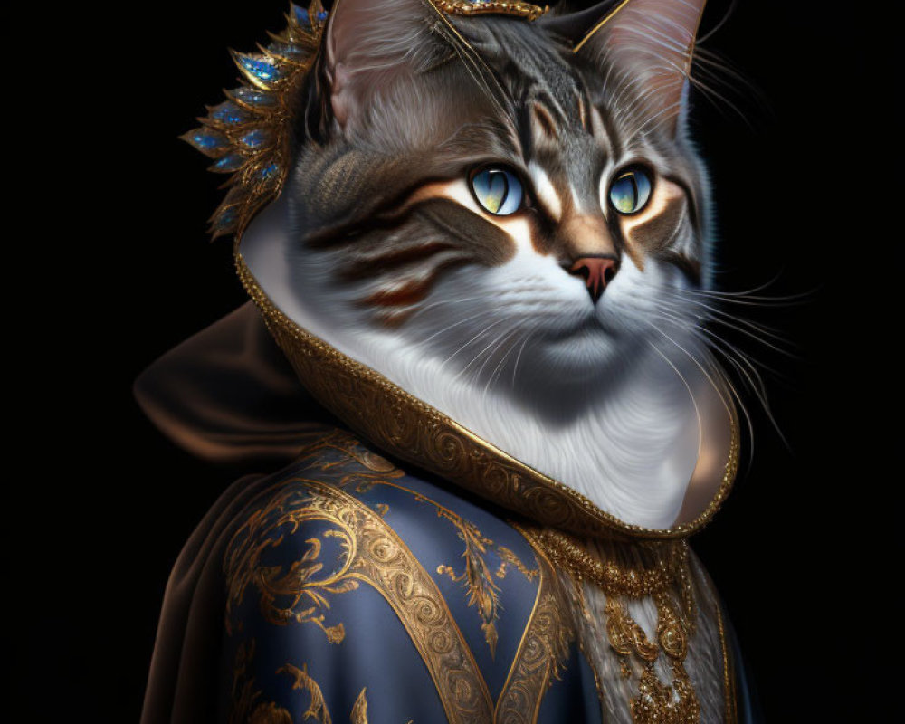 Majestic cat in blue and gold robe with ornate headdress