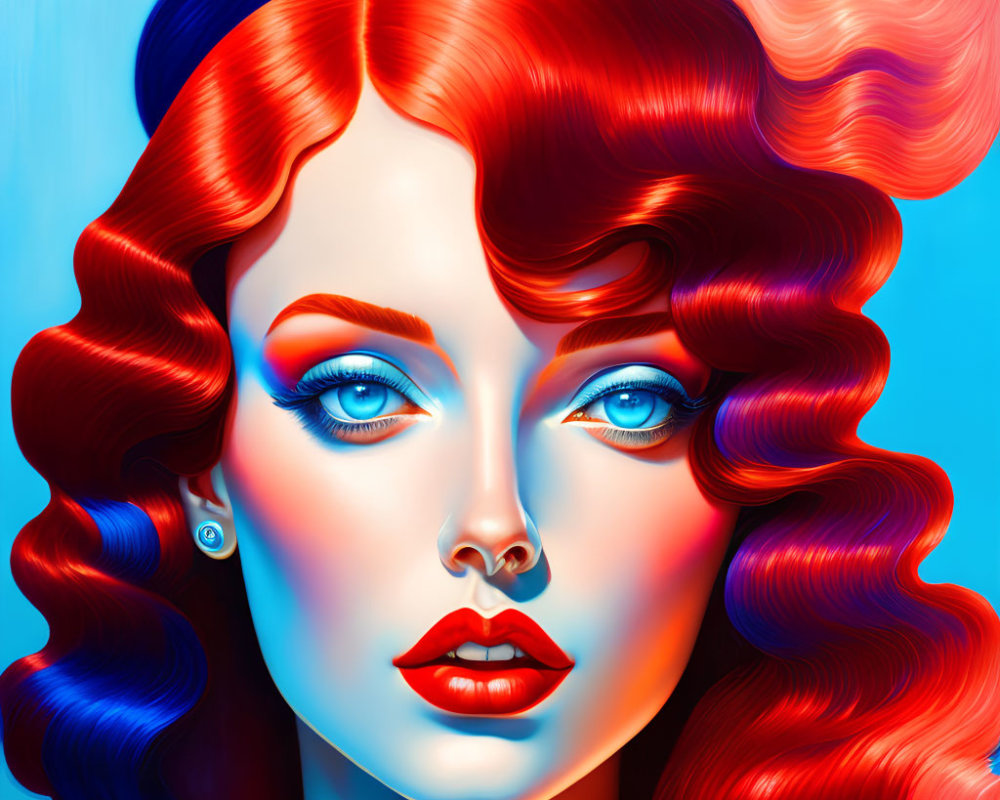 Colorful digital portrait of a woman with blue eyes and vibrant red and blue hair, bold makeup,