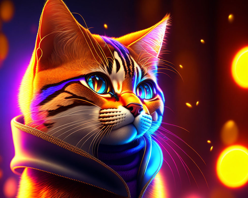 Colorful Digital Artwork: Cat with Blue Eyes in Jacket on Bokeh Background