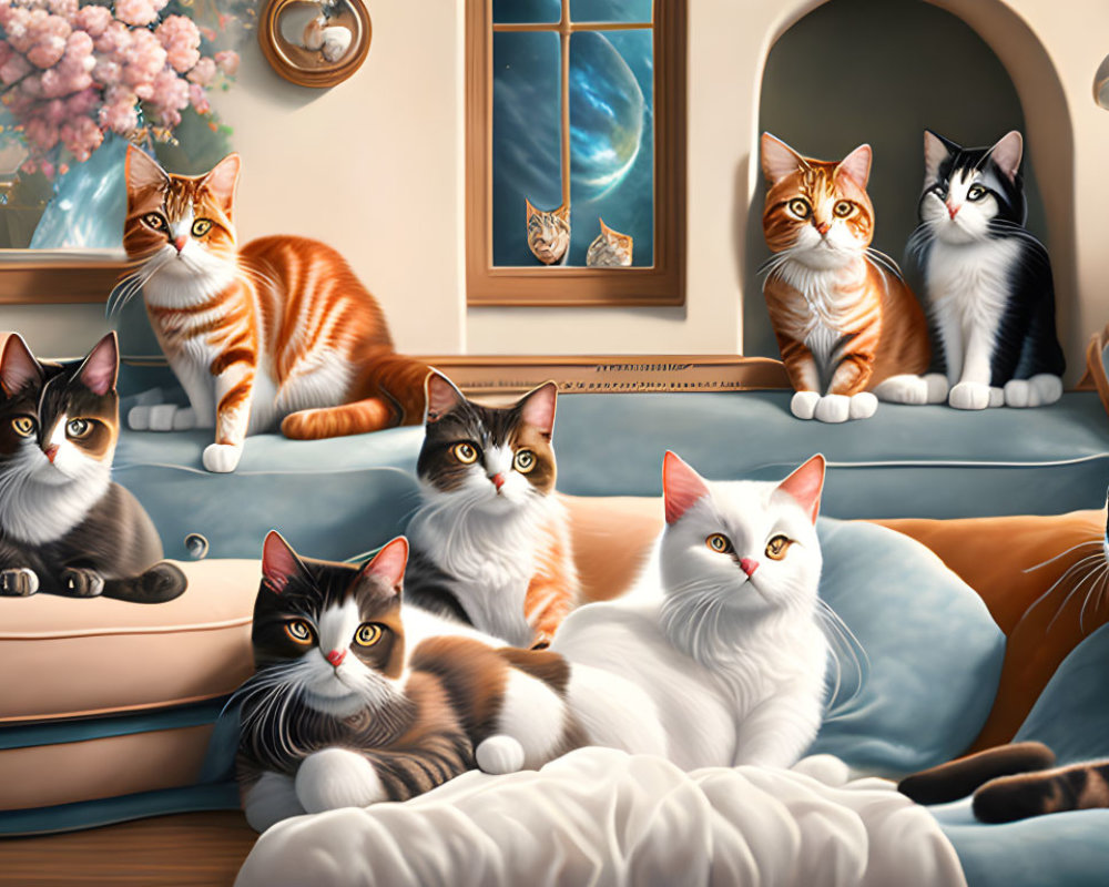 Warm and cozy room with multiple cats lounging on furniture in soft lighting