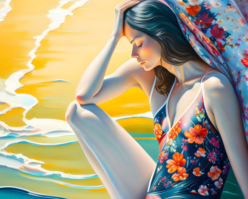 Stylized painting of pensive woman by serene shore