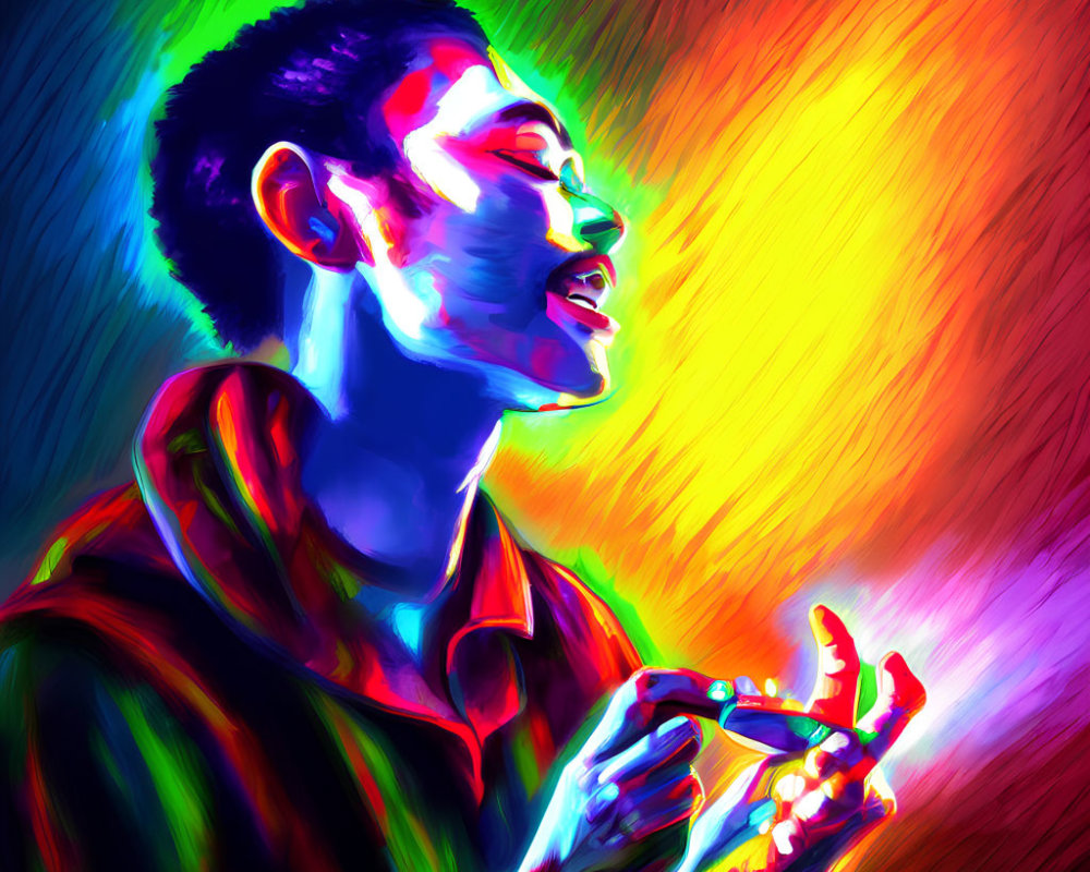 Colorful Digital Artwork: Person in Vibrant Lighting Showing Awe