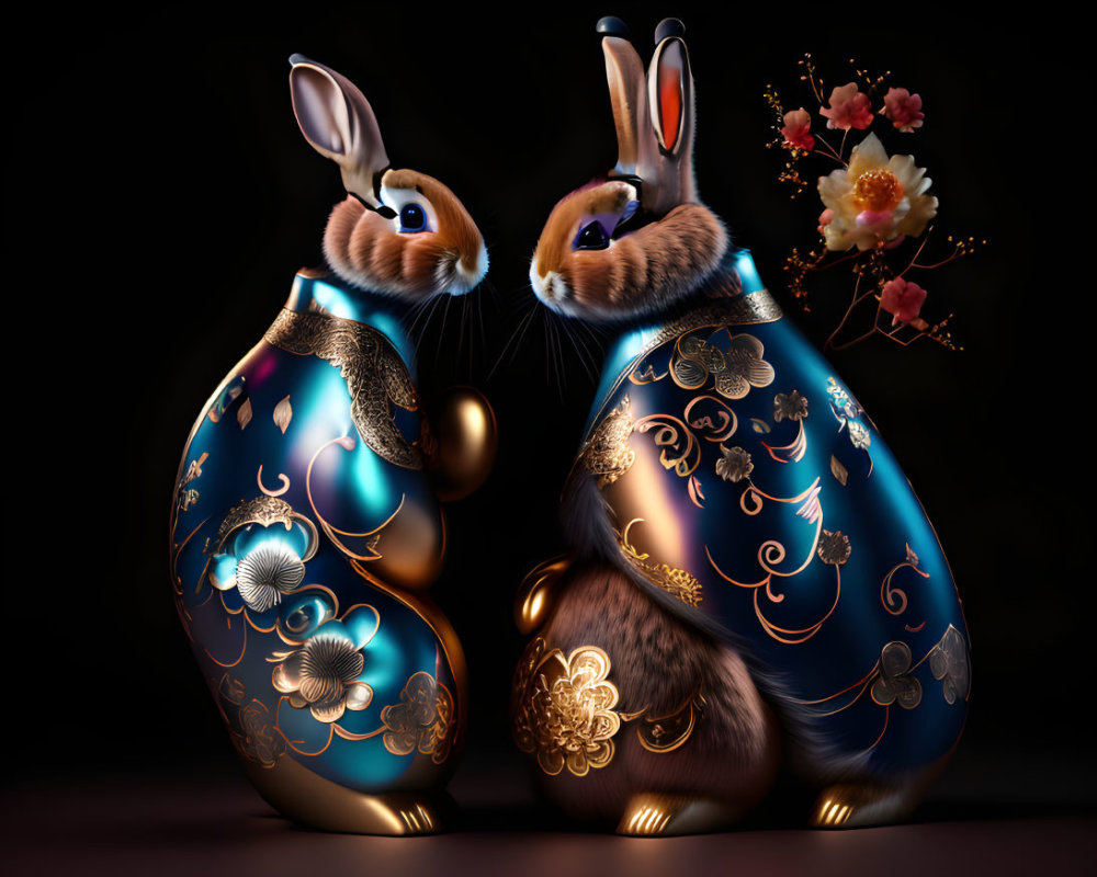 Ornate Rabbit-Shaped Figurines with Golden Floral Patterns on Blue Background