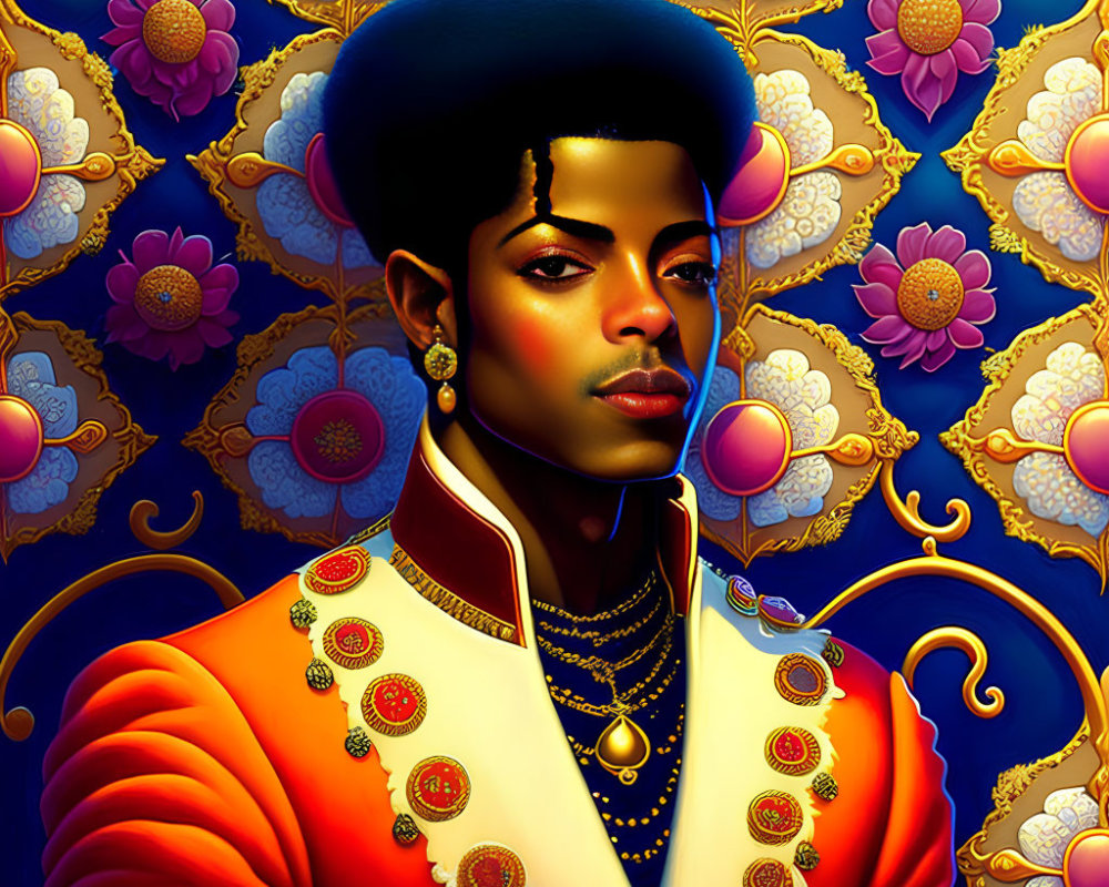 Stylized portrait of person with afro in blue hat and red uniform on golden floral background