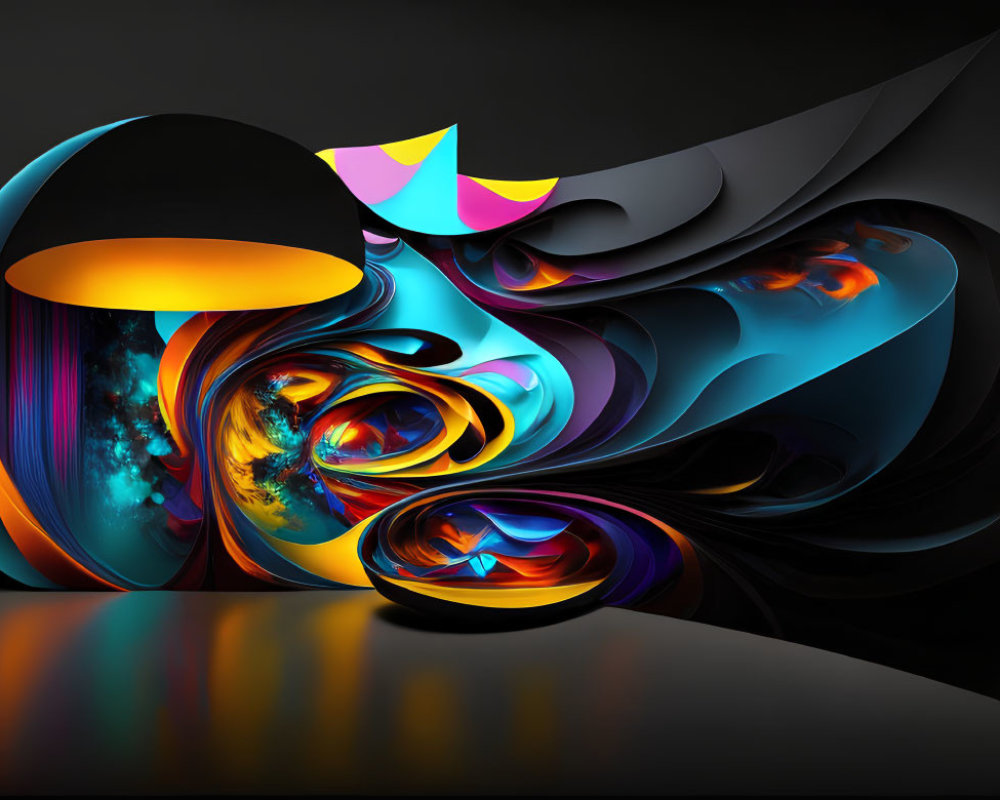 Colorful Abstract Digital Art with Swirling Shapes in Blue, Orange, and Neon Hues