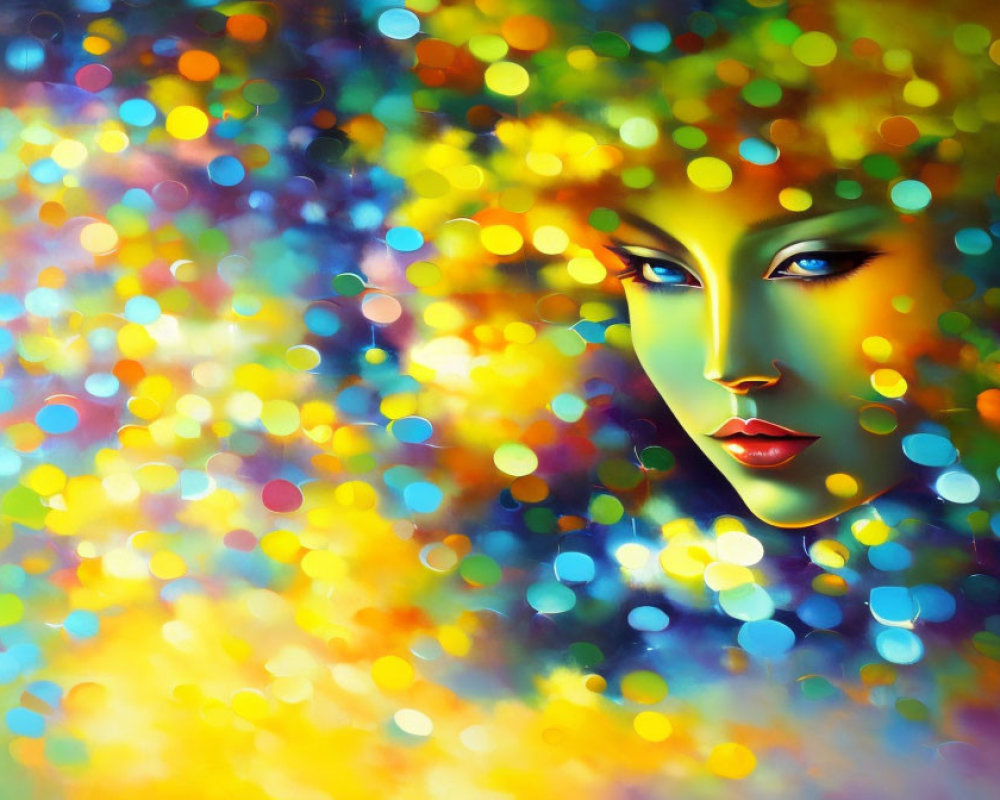 Colorful surreal portrait of woman's face with bokeh lights and gradient hues