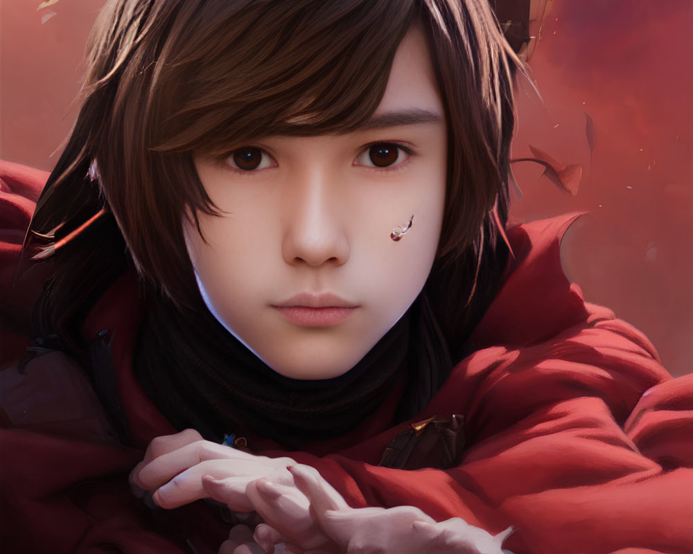 Digital portrait of a person with layered brown hair and red garment, featuring a subtle expression and black scarf