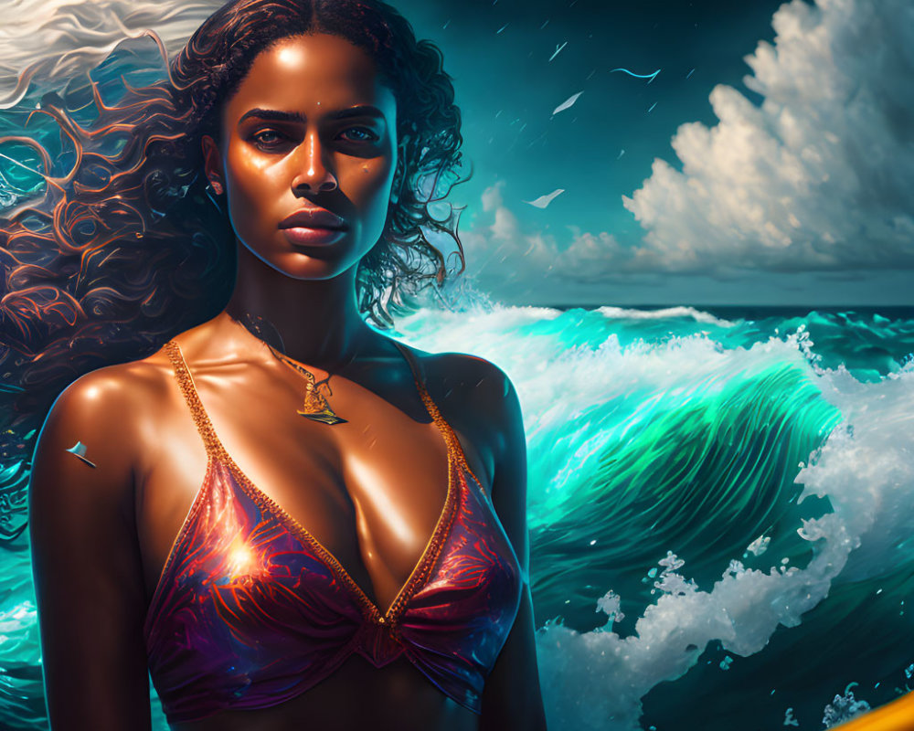 Digital artwork featuring woman in purple bikini with ocean waves and birds