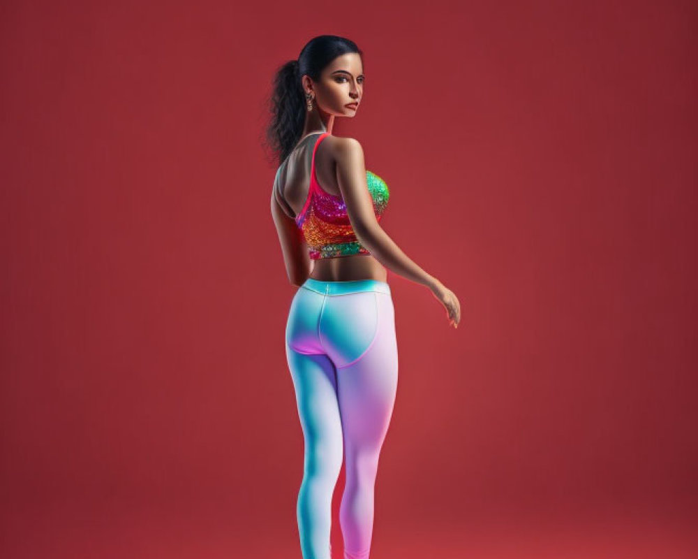 Colorful Outfit with Holographic Leggings and Orange Shoes on Woman Against Red Background