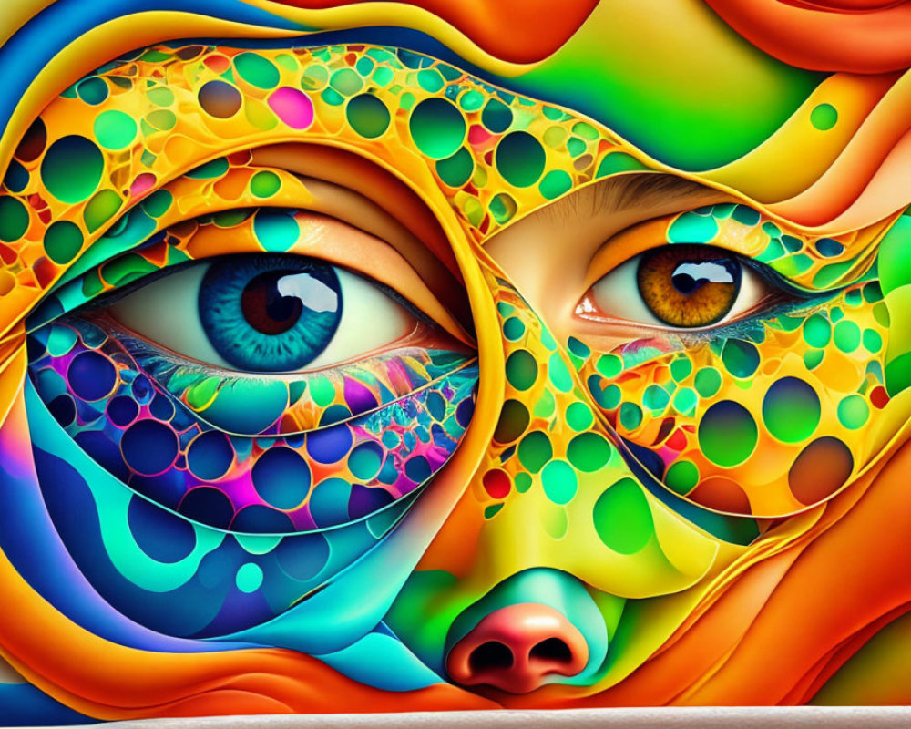 Colorful digital art: Heterochromia eyes in abstract landscape