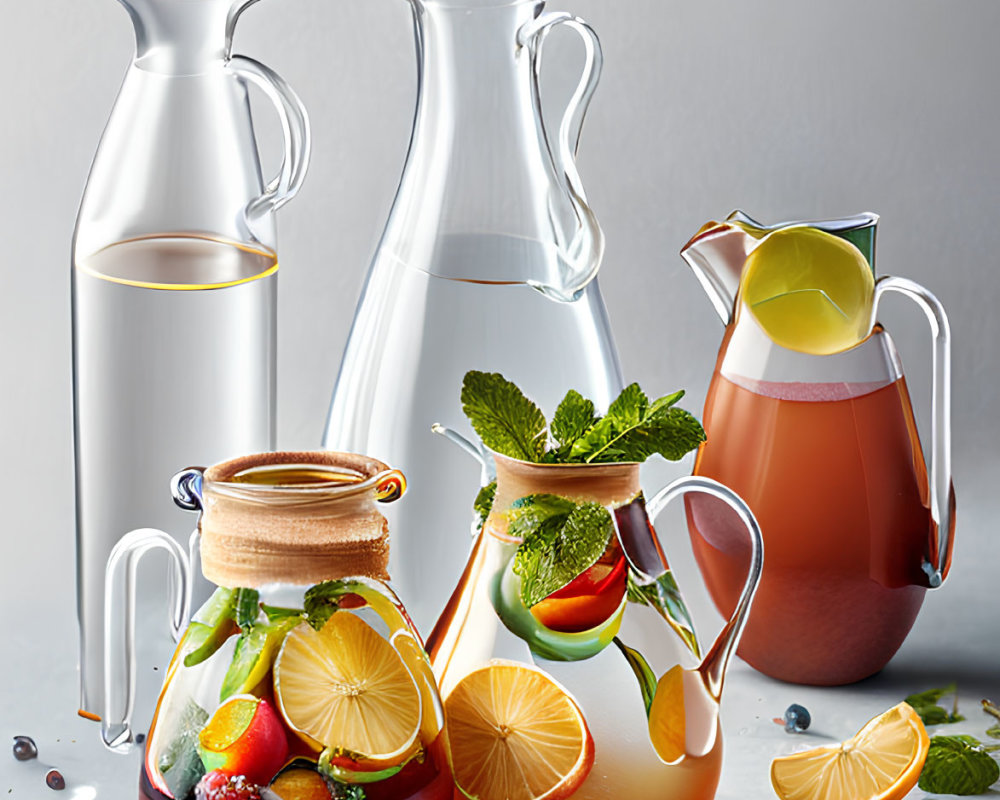 Glass pitchers with fruit-garnished beverages on wooden tray - light background