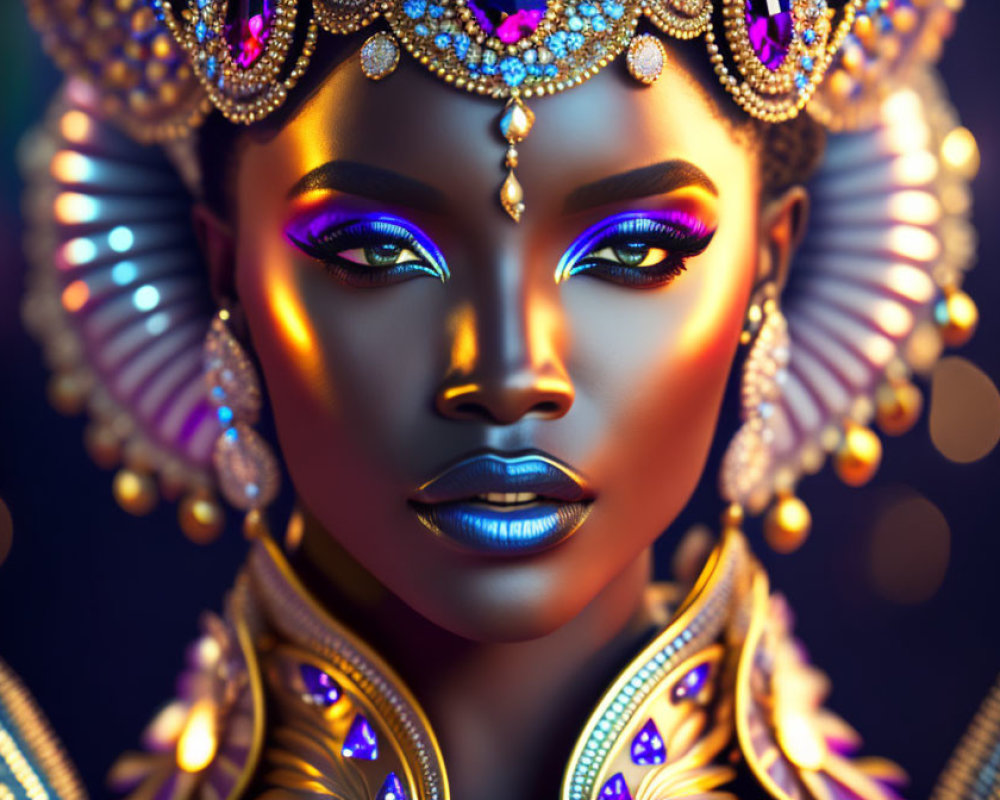 Vivid digital portrait of woman with blue makeup and ornate headdress