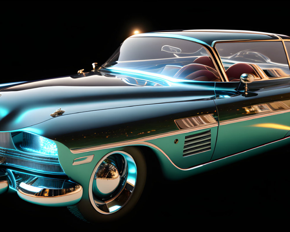 Vintage Car with Turquoise Chrome Finish and Neon Accents