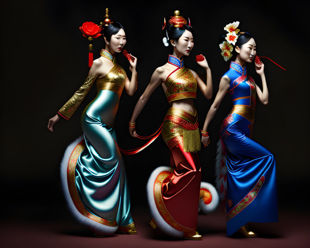 Three Women in Elegant Traditional Asian Attire and Hair Accessories on Dark Background