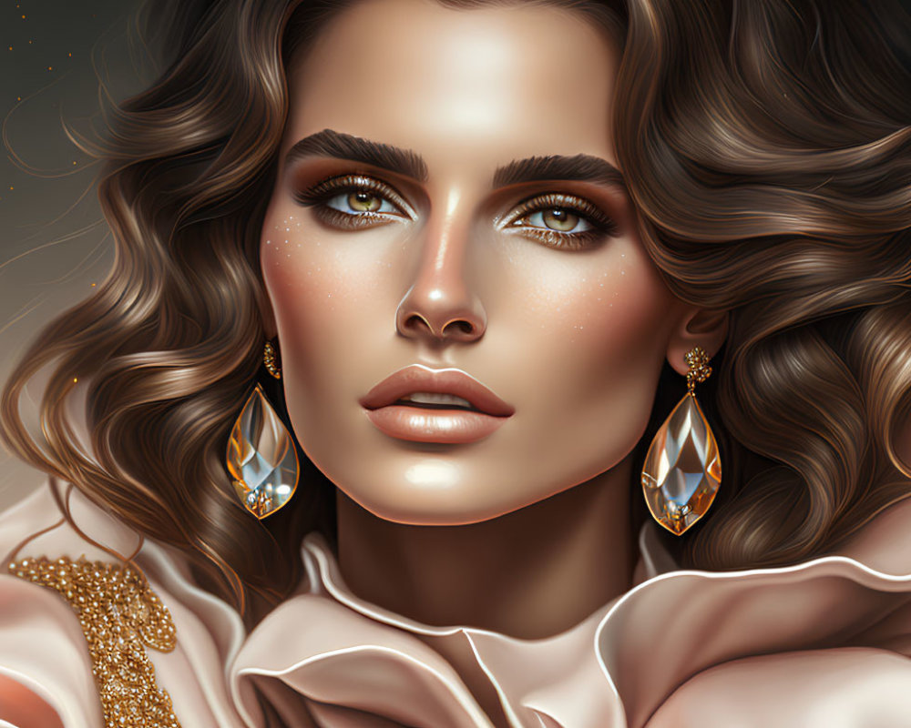 Illustration of Woman with Green Eyes and Wavy Brown Hair