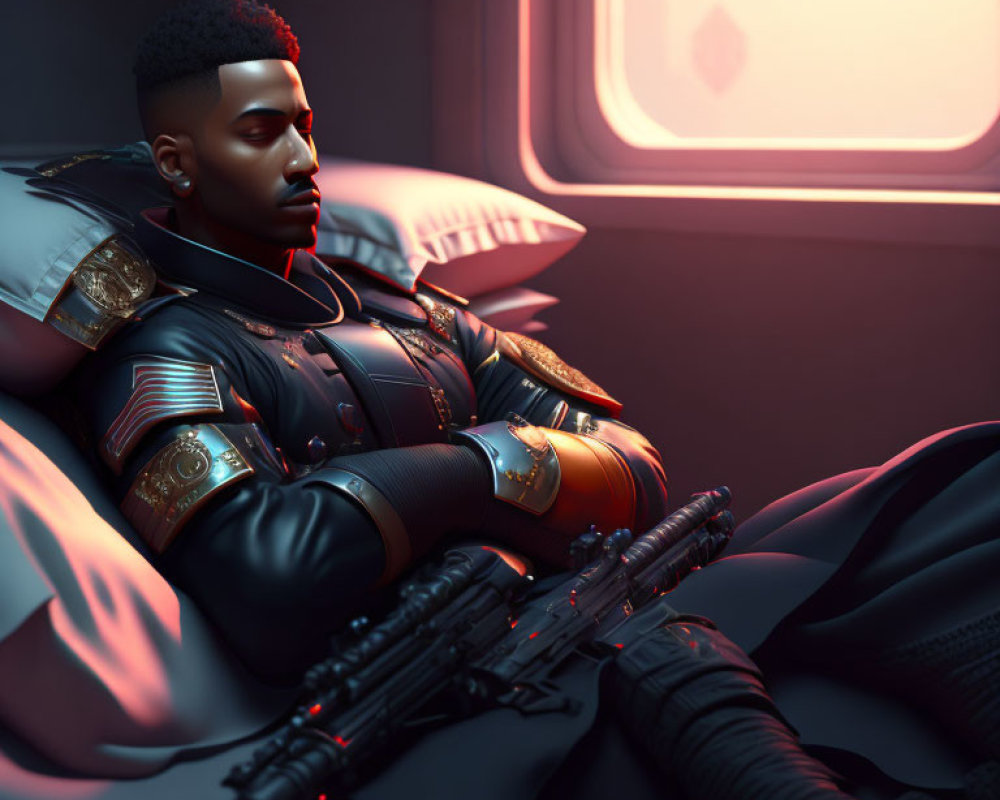 Futuristic soldier in armor resting with weapon in sci-fi setting