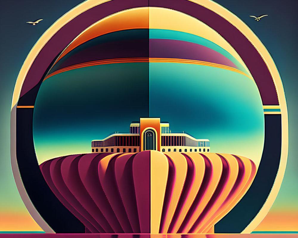 Symmetrical retro-futuristic landscape with ornate building, striped hills, reflective water, and colorful