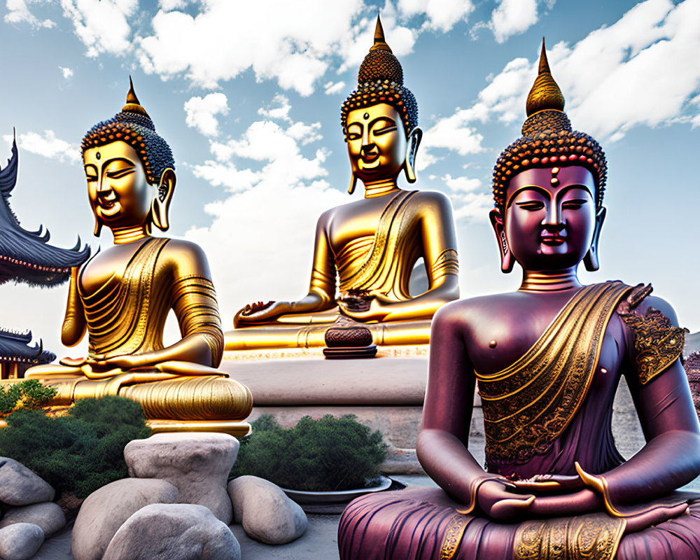 Three Golden Buddha Statues in Various Poses Near Asian Temple