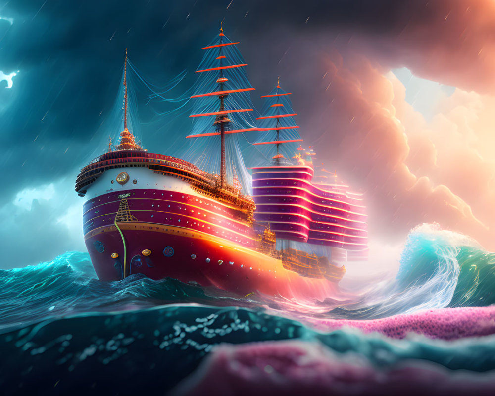 Illustration of large ship in stormy seas with lightning in dramatic sky