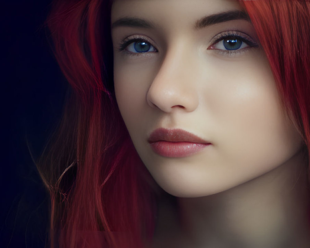 Close-up portrait: Striking red hair and blue eyes on dark background