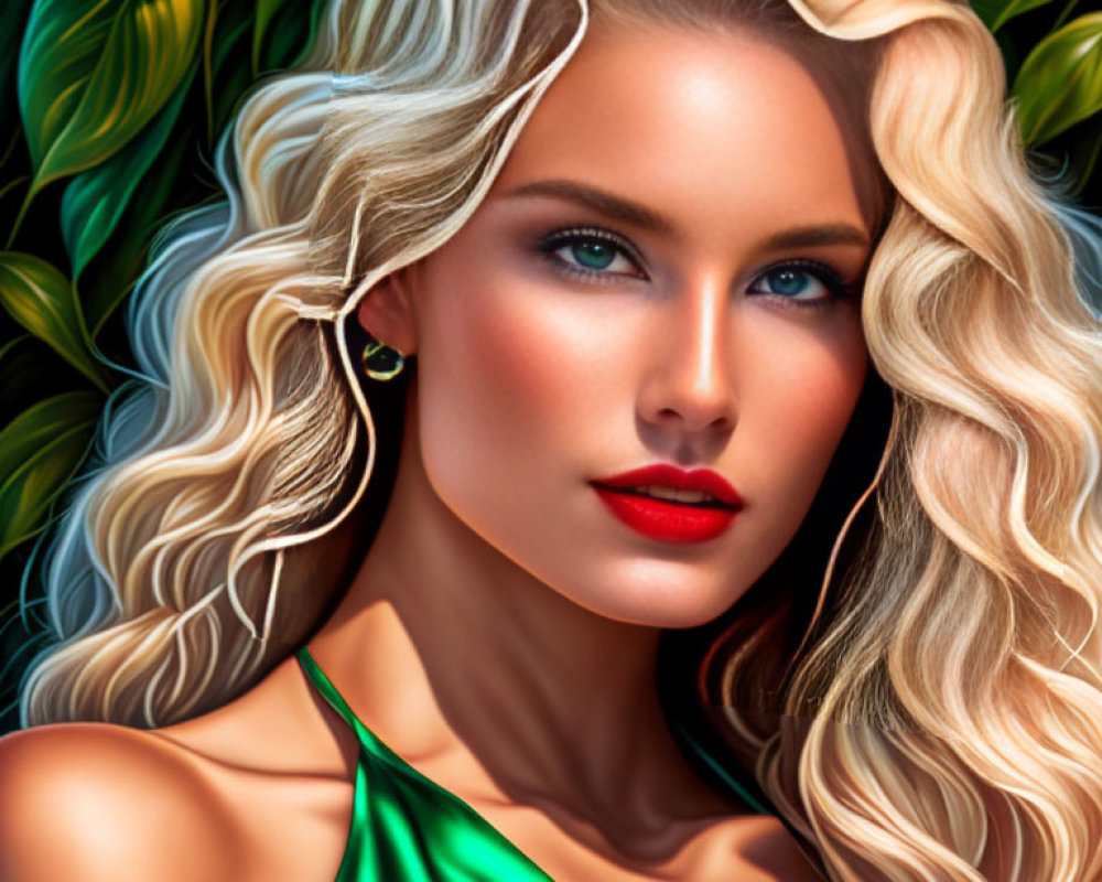 Blonde Curled Woman Portrait with Blue Eyes and Red Lips