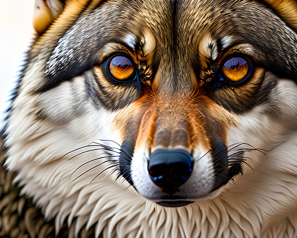 Striking amber-eyed dog with black-tipped ears and brown & white fur