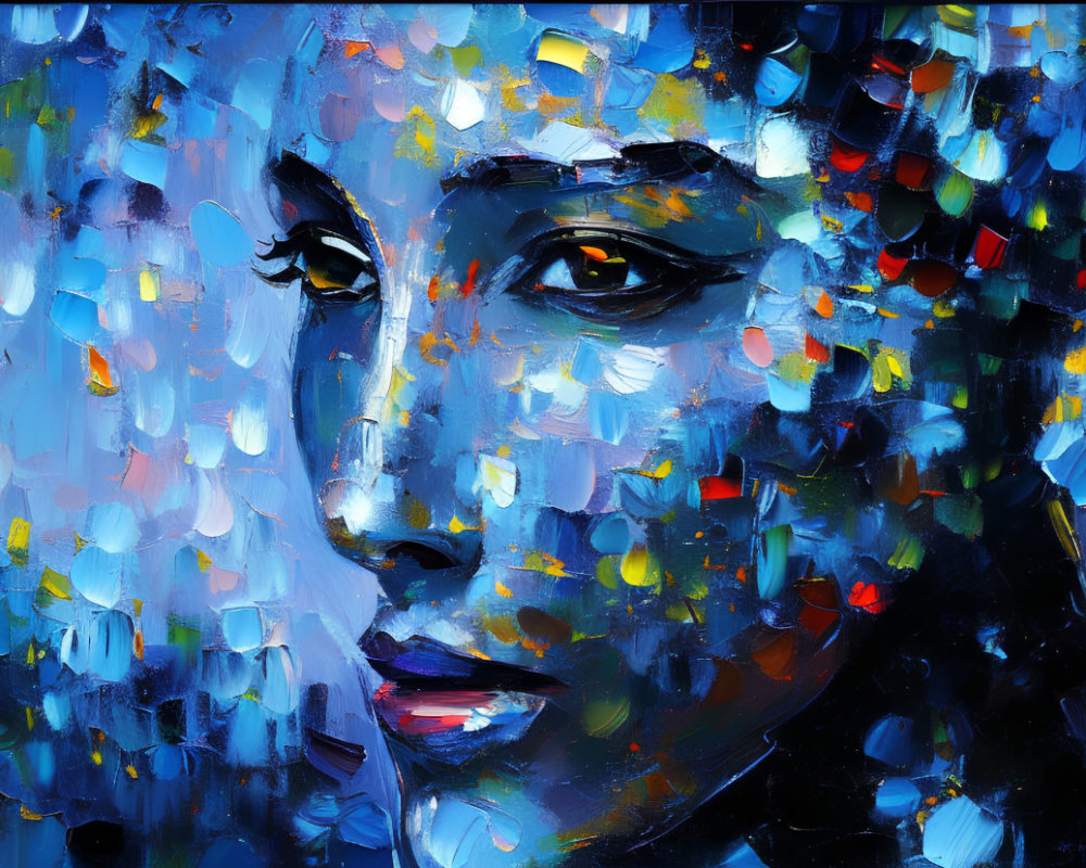 Vibrant textured oil painting of a woman's face with thick blue strokes