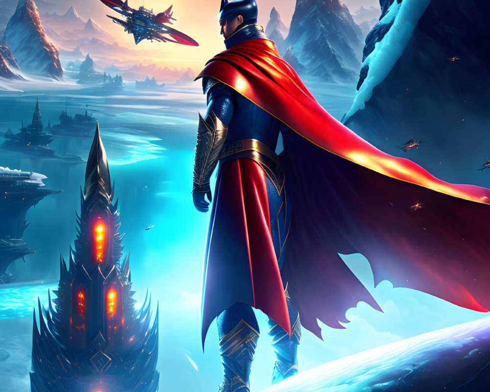 Heroic figure in blue suit and red cape gazes over futuristic icy landscape with sharp mountains and advanced