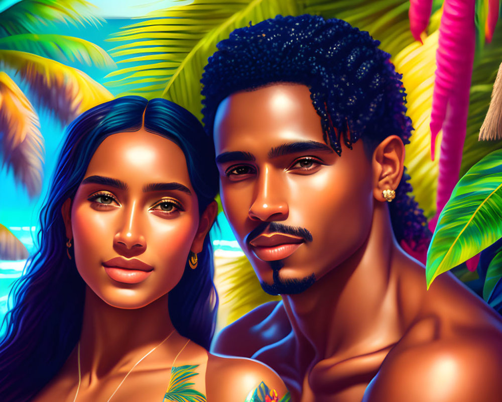 Stylized portrait of man and woman against tropical backdrop