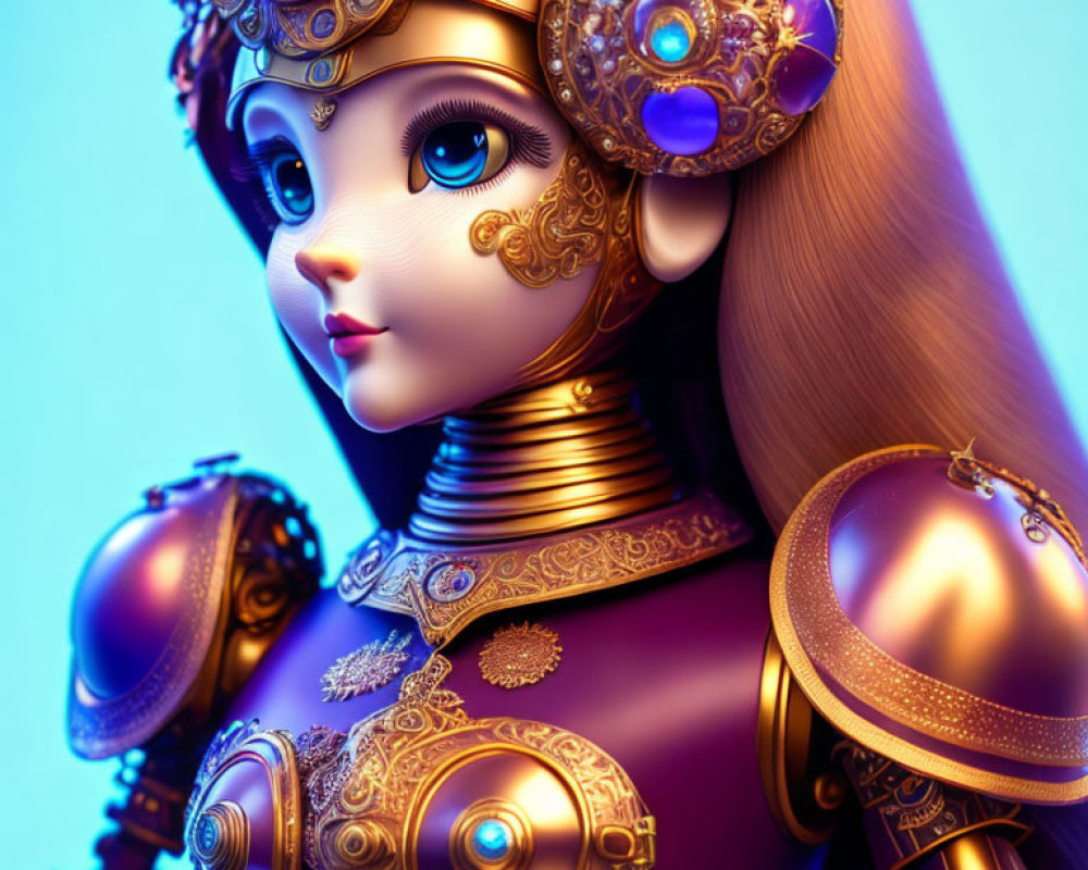 Female robot in golden armor with baroque-style details on blue background